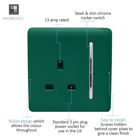 Trendi Switch ART-SKT13DG, Artistic Modern 1 Gang 13Amp Switched Socket Dark Green Finish, BRITISH MADE, (25mm Back Box Required), 5yrs Warranty - 53803