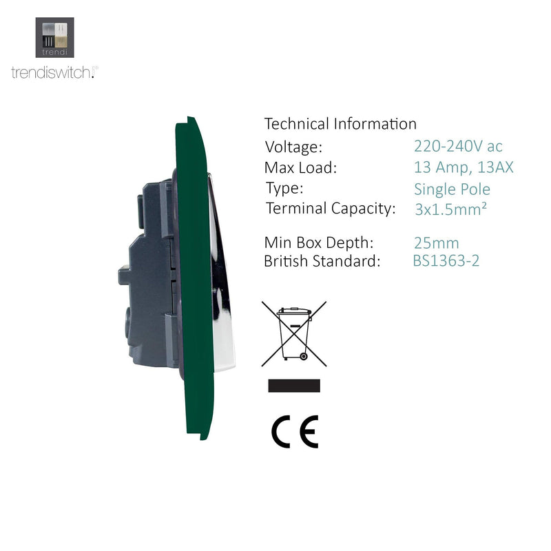 Load image into Gallery viewer, Trendi Switch ART-SKT13DG, Artistic Modern 1 Gang 13Amp Switched Socket Dark Green Finish, BRITISH MADE, (25mm Back Box Required), 5yrs Warranty - 53803
