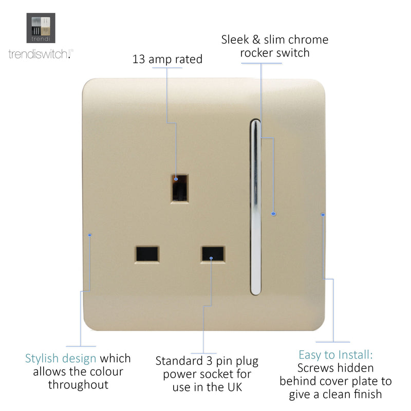 Load image into Gallery viewer, Trendi Switch ART-SKT13GO, Artistic Modern 1 Gang 13Amp Switched Socket Champagne Gold Finish, BRITISH MADE, (25mm Back Box Required), 5yrs Warranty - 24230
