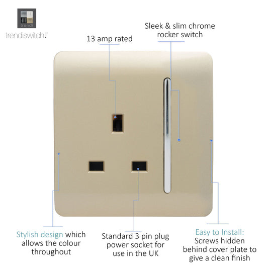 Trendi Switch ART-SKT13GO, Artistic Modern 1 Gang 13Amp Switched Socket Champagne Gold Finish, BRITISH MADE, (25mm Back Box Required), 5yrs Warranty - 24230