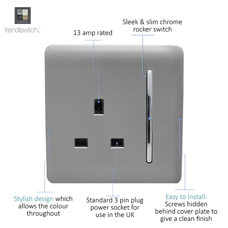 Load image into Gallery viewer, Trendi Switch ART-SKT13LG, Artistic Modern 1 Gang 13Amp Switched Socket Light Grey Finish, BRITISH MADE, (25mm Back Box Required), 5yrs Warranty - 53804
