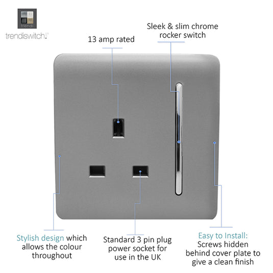 Trendi Switch ART-SKT13LG, Artistic Modern 1 Gang 13Amp Switched Socket Light Grey Finish, BRITISH MADE, (25mm Back Box Required), 5yrs Warranty - 53804