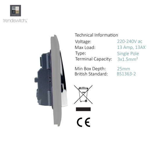 Trendi Switch ART-SKT13LG, Artistic Modern 1 Gang 13Amp Switched Socket Light Grey Finish, BRITISH MADE, (25mm Back Box Required), 5yrs Warranty - 53804