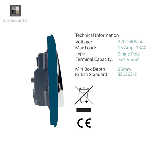 Trendi Switch ART-SKT13MD, Artistic Modern 1 Gang 13Amp Switched Socket Midnight Blue Finish, BRITISH MADE, (25mm Back Box Required), 5yrs Warranty - 53805