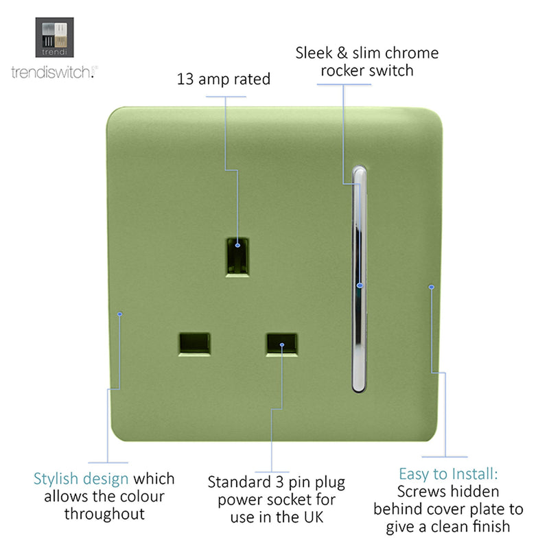 Load image into Gallery viewer, Trendi Switch ART-SKT13MG, Artistic Modern 1 Gang 13Amp Switched Socket Moss Green Finish, BRITISH MADE, (25mm Back Box Required), 5yrs Warranty - 53806
