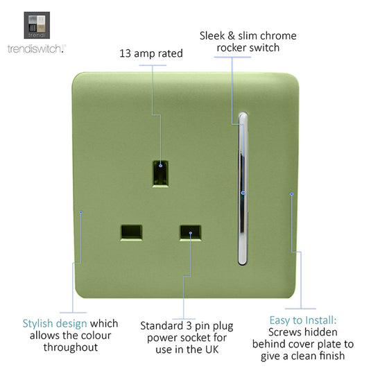 Trendi Switch ART-SKT13MG, Artistic Modern 1 Gang 13Amp Switched Socket Moss Green Finish, BRITISH MADE, (25mm Back Box Required), 5yrs Warranty - 53806