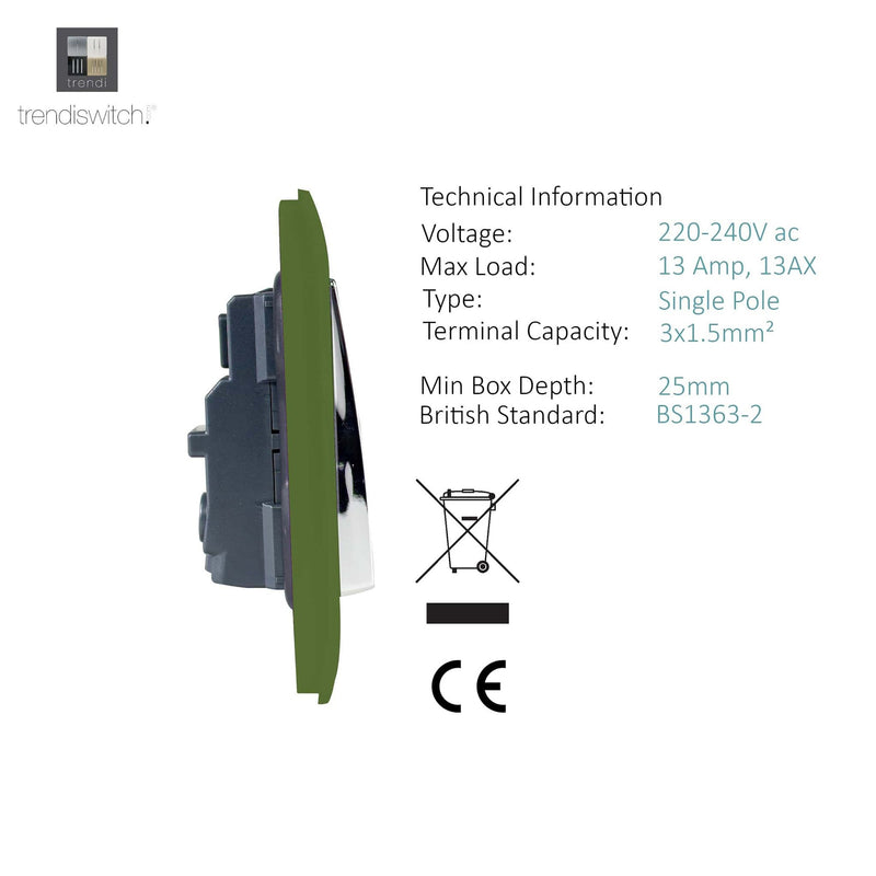 Load image into Gallery viewer, Trendi Switch ART-SKT13MG, Artistic Modern 1 Gang 13Amp Switched Socket Moss Green Finish, BRITISH MADE, (25mm Back Box Required), 5yrs Warranty - 53806
