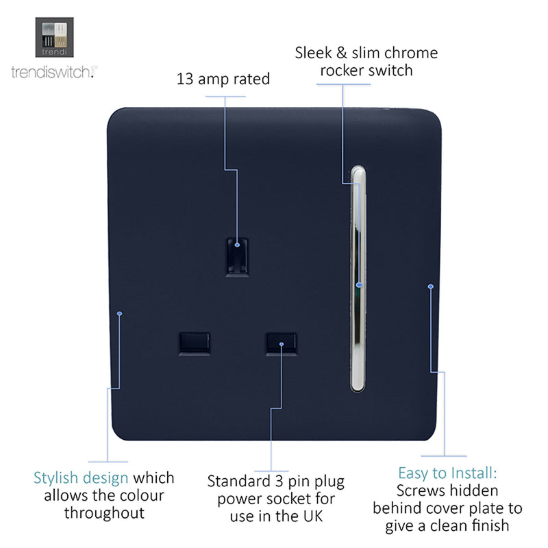 Load image into Gallery viewer, Trendi Switch ART-SKT13NV, Artistic Modern 1 Gang 13Amp Switched Socket Navy Blue Finish, BRITISH MADE, (25mm Back Box Required), 5yrs Warranty - 53807
