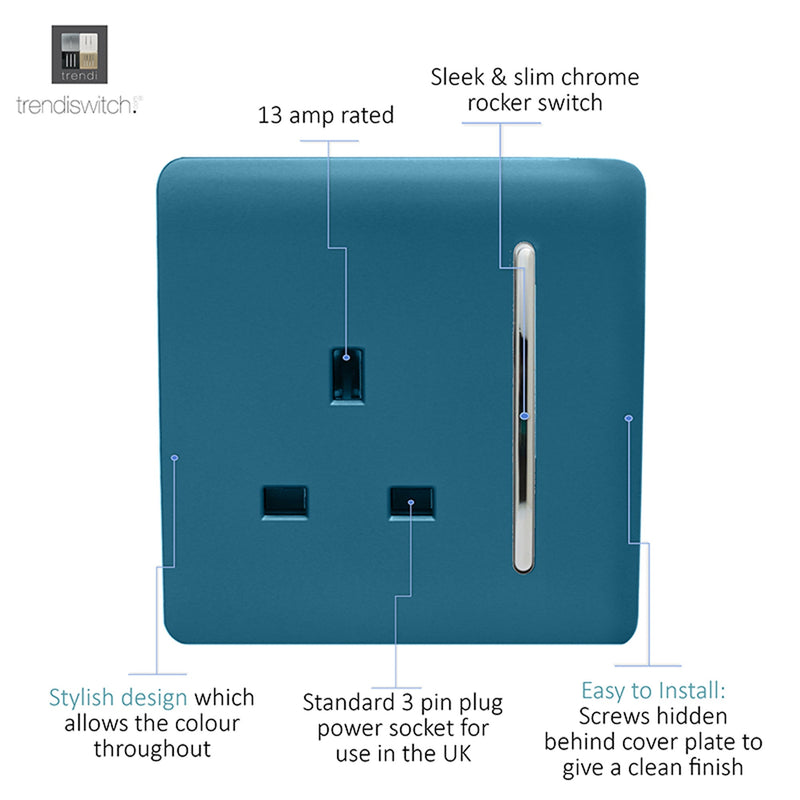 Load image into Gallery viewer, Trendi Switch ART-SKT13OB, Artistic Modern 1 Gang 13Amp Switched Socket Ocean Blue Finish, BRITISH MADE, (25mm Back Box Required), 5yrs Warranty - 53808
