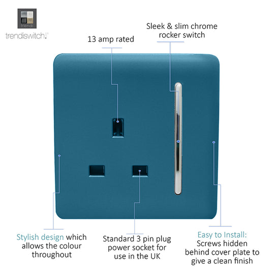 Trendi Switch ART-SKT13OB, Artistic Modern 1 Gang 13Amp Switched Socket Ocean Blue Finish, BRITISH MADE, (25mm Back Box Required), 5yrs Warranty - 53808