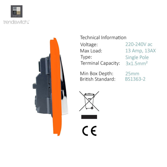 Trendi Switch ART-SKT13OR, Artistic Modern 1 Gang 13Amp Switched Socket Orange Finish, BRITISH MADE, (25mm Back Box Required), 5yrs Warranty - 53809