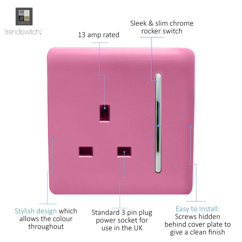 Load image into Gallery viewer, Trendi Switch ART-SKT13PK, Artistic Modern 1 Gang 13Amp Switched Socket Pink Finish, BRITISH MADE, (25mm Back Box Required), 5yrs Warranty - 53810
