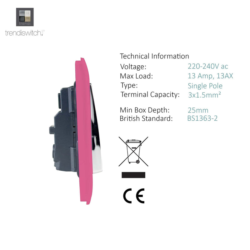 Load image into Gallery viewer, Trendi Switch ART-SKT13PK, Artistic Modern 1 Gang 13Amp Switched Socket Pink Finish, BRITISH MADE, (25mm Back Box Required), 5yrs Warranty - 53810
