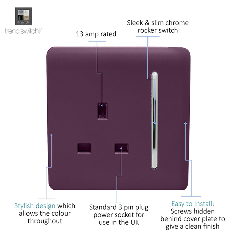 Load image into Gallery viewer, Trendi Switch ART-SKT13PL, Artistic Modern 1 Gang 13Amp Switched Socket Plum Finish, BRITISH MADE, (25mm Back Box Required), 5yrs Warranty - 53811
