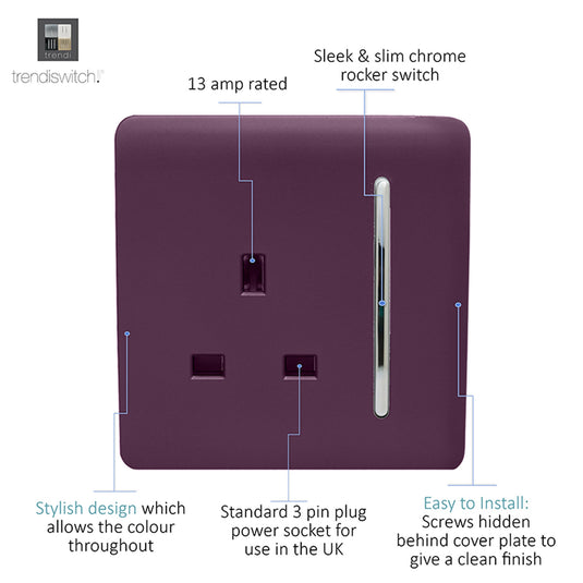 Trendi Switch ART-SKT13PL, Artistic Modern 1 Gang 13Amp Switched Socket Plum Finish, BRITISH MADE, (25mm Back Box Required), 5yrs Warranty - 53811