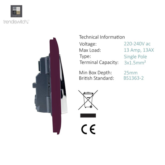 Trendi Switch ART-SKT13PL, Artistic Modern 1 Gang 13Amp Switched Socket Plum Finish, BRITISH MADE, (25mm Back Box Required), 5yrs Warranty - 53811