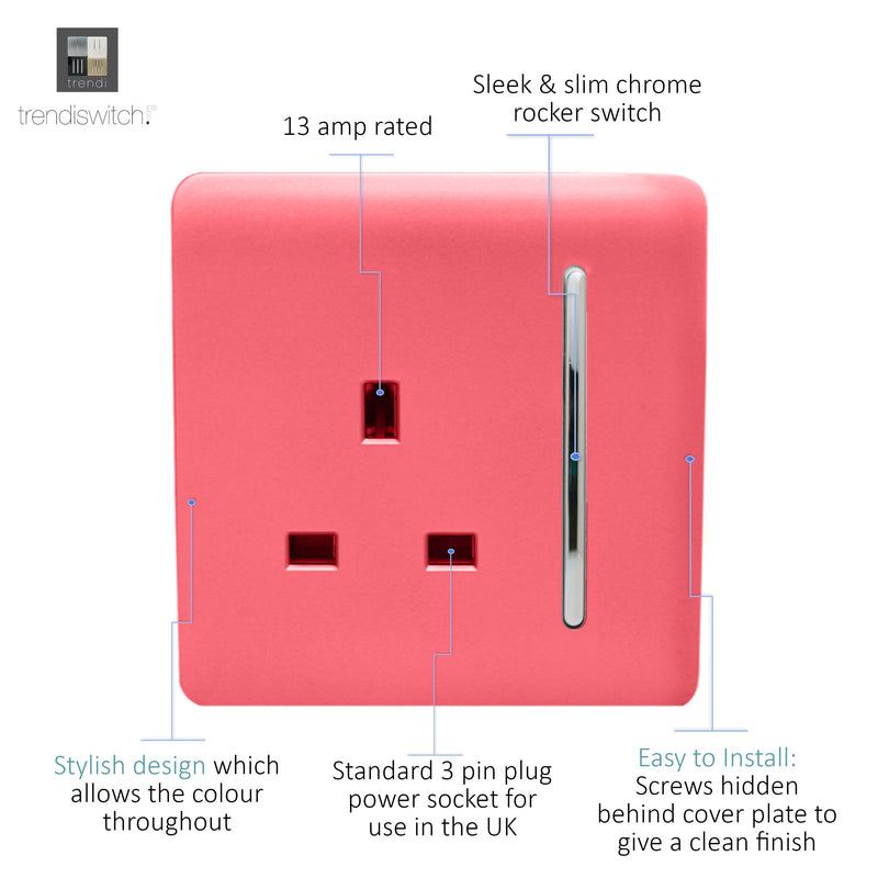 Load image into Gallery viewer, Trendi Switch ART-SKT13SB, Artistic Modern 1 Gang 13Amp Switched Socket Strawberry Finish, BRITISH MADE, (25mm Back Box Required), 5yrs Warranty - 53812
