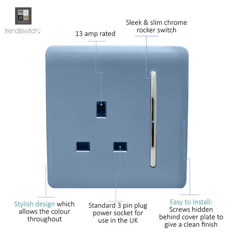 Load image into Gallery viewer, Trendi Switch ART-SKT13SK, Artistic Modern 1 Gang 13Amp Switched Socket Sky Finish, BRITISH MADE, (25mm Back Box Required), 5yrs Warranty - 53813
