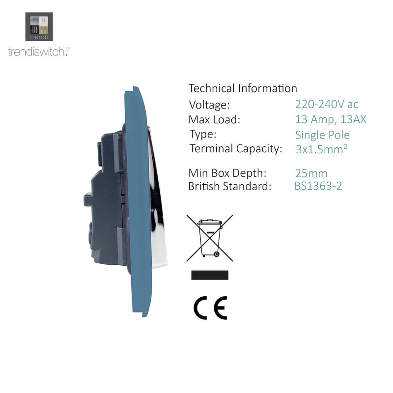 Load image into Gallery viewer, Trendi Switch ART-SKT13SK, Artistic Modern 1 Gang 13Amp Switched Socket Sky Finish, BRITISH MADE, (25mm Back Box Required), 5yrs Warranty - 53813
