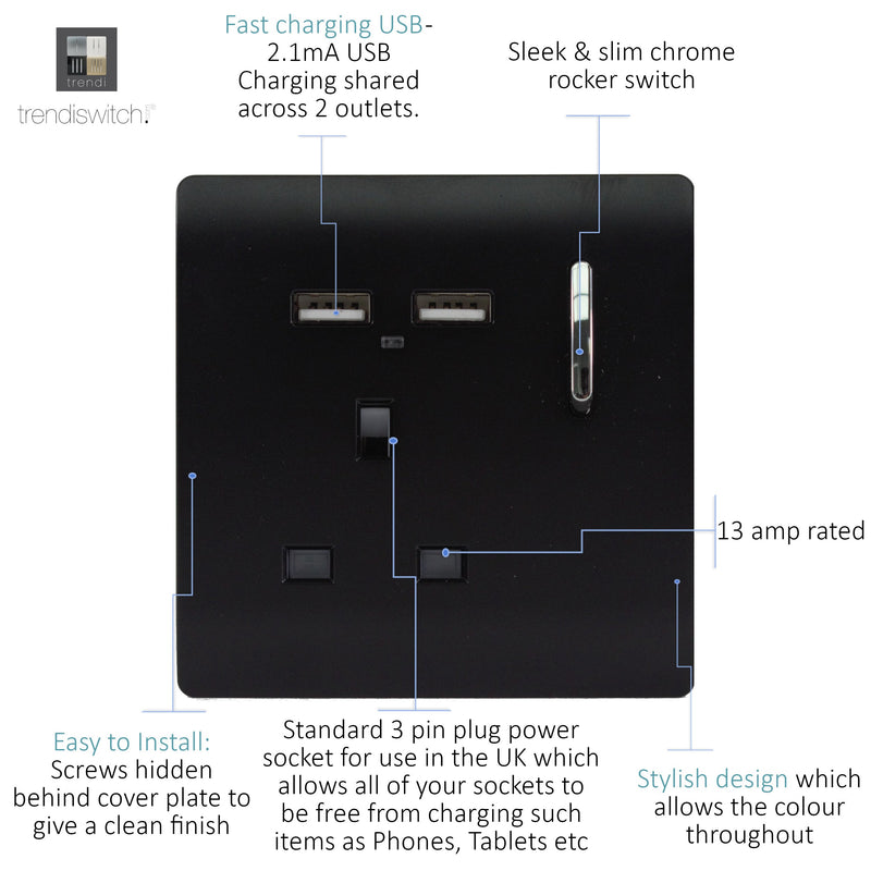 Load image into Gallery viewer, Trendi Switch ART-SKT13USBBK, Artistic Modern 1 Gang 13Amp Switched Socket WIth 2 x USB Ports Gloss Black Finish, BRITISH MADE, (35mm Back Box Required), 5yrs Warranty - 24300
