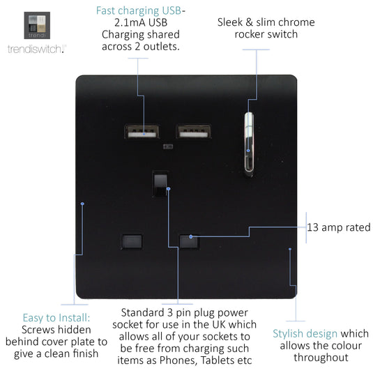 Trendi Switch ART-SKT13USBBK, Artistic Modern 1 Gang 13Amp Switched Socket WIth 2 x USB Ports Gloss Black Finish, BRITISH MADE, (35mm Back Box Required), 5yrs Warranty - 24300