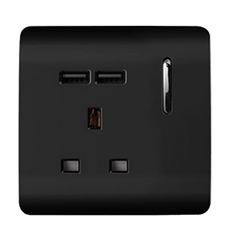 Load image into Gallery viewer, Trendi Switch ART-SKT13USBBK, Artistic Modern 1 Gang 13Amp Switched Socket WIth 2 x USB Ports Gloss Black Finish, BRITISH MADE, (35mm Back Box Required), 5yrs Warranty - 24300

