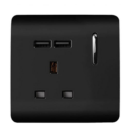 Trendi Switch ART-SKT13USBBK, Artistic Modern 1 Gang 13Amp Switched Socket WIth 2 x USB Ports Gloss Black Finish, BRITISH MADE, (35mm Back Box Required), 5yrs Warranty - 24300