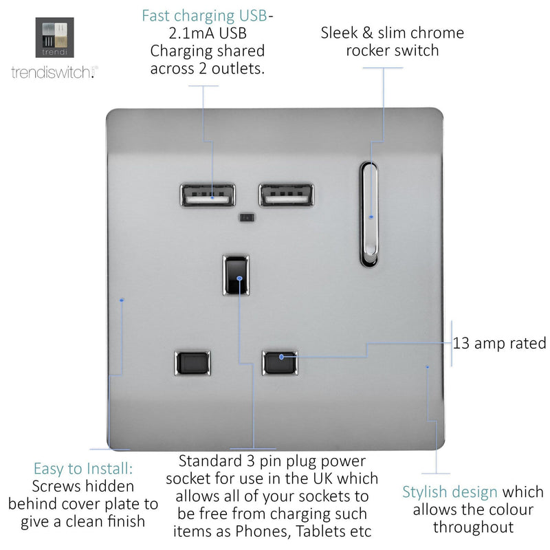 Load image into Gallery viewer, Trendi Switch ART-SKT13USBBS, Artistic Modern 1 Gang 13Amp Switched Socket WIth 2 x USB Ports Brushed Steel Finish, BRITISH MADE, (35mm Back Box Required), 5yrs Warranty - 53814
