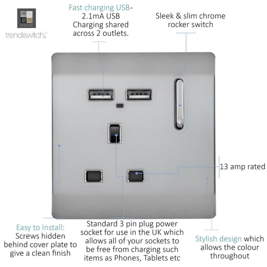 Trendi Switch ART-SKT13USBBS, Artistic Modern 1 Gang 13Amp Switched Socket WIth 2 x USB Ports Brushed Steel Finish, BRITISH MADE, (35mm Back Box Required), 5yrs Warranty - 53814