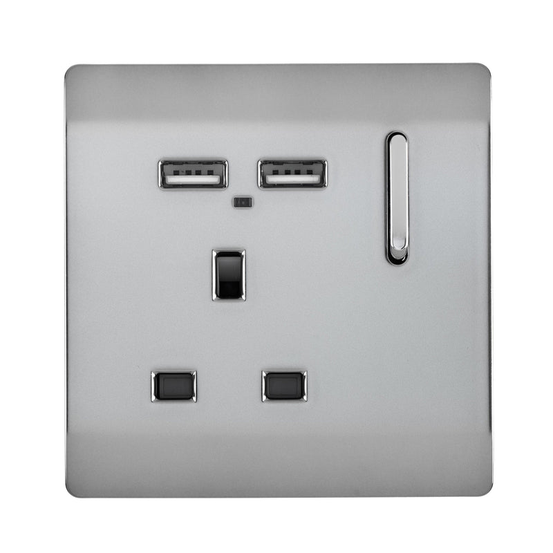 Load image into Gallery viewer, Trendi Switch ART-SKT13USBBS, Artistic Modern 1 Gang 13Amp Switched Socket WIth 2 x USB Ports Brushed Steel Finish, BRITISH MADE, (35mm Back Box Required), 5yrs Warranty - 53814
