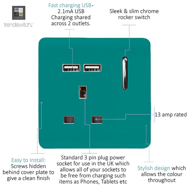 Load image into Gallery viewer, Trendi Switch ART-SKT13USBBT, Artistic Modern 1 Gang 13Amp Switched Socket WIth 2 x USB Ports Bright Teal Finish, BRITISH MADE, (35mm Back Box Required), 5yrs Warranty - 53815
