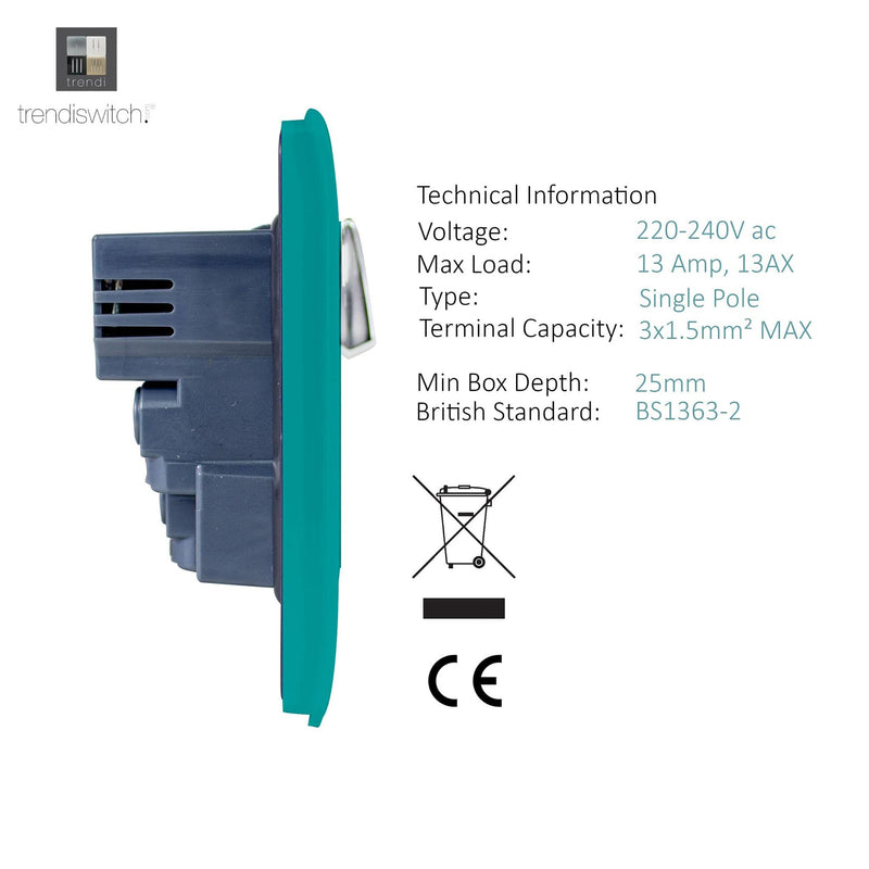 Load image into Gallery viewer, Trendi Switch ART-SKT13USBBT, Artistic Modern 1 Gang 13Amp Switched Socket WIth 2 x USB Ports Bright Teal Finish, BRITISH MADE, (35mm Back Box Required), 5yrs Warranty - 53815
