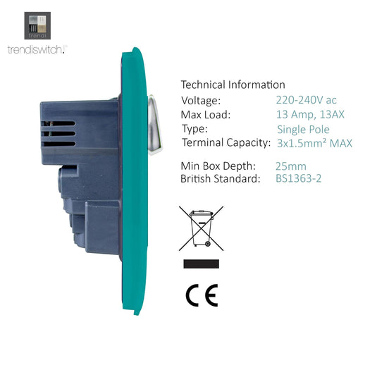 Trendi Switch ART-SKT13USBBT, Artistic Modern 1 Gang 13Amp Switched Socket WIth 2 x USB Ports Bright Teal Finish, BRITISH MADE, (35mm Back Box Required), 5yrs Warranty - 53815