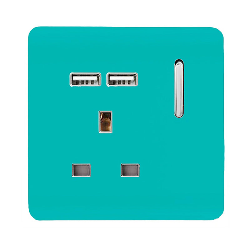 Load image into Gallery viewer, Trendi Switch ART-SKT13USBBT, Artistic Modern 1 Gang 13Amp Switched Socket WIth 2 x USB Ports Bright Teal Finish, BRITISH MADE, (35mm Back Box Required), 5yrs Warranty - 53815
