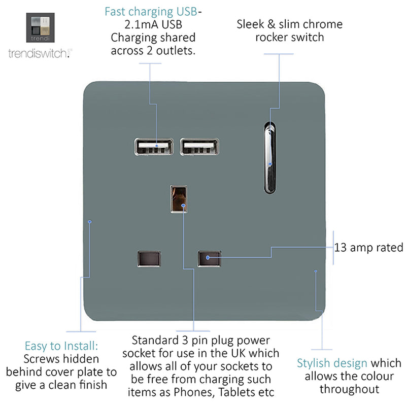 Load image into Gallery viewer, Trendi Switch ART-SKT13USBCG, Artistic Modern 1 Gang 13Amp Switched Socket WIth 2 x USB Ports Cool Grey Finish, BRITISH MADE, (35mm Back Box Required), 5yrs Warranty - 53816
