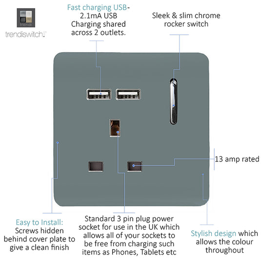 Trendi Switch ART-SKT13USBCG, Artistic Modern 1 Gang 13Amp Switched Socket WIth 2 x USB Ports Cool Grey Finish, BRITISH MADE, (35mm Back Box Required), 5yrs Warranty - 53816