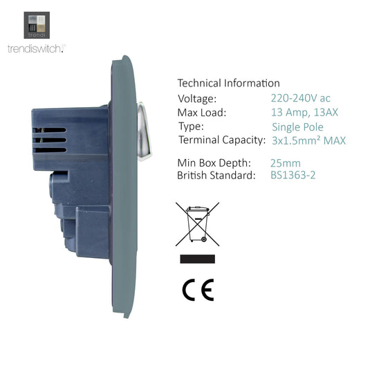 Trendi Switch ART-SKT13USBCG, Artistic Modern 1 Gang 13Amp Switched Socket WIth 2 x USB Ports Cool Grey Finish, BRITISH MADE, (35mm Back Box Required), 5yrs Warranty - 53816