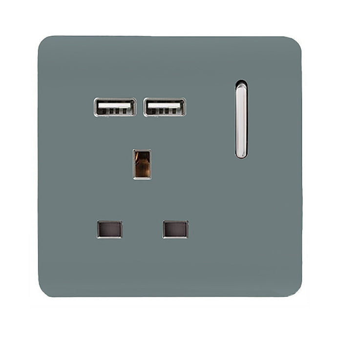 Trendi Switch ART-SKT13USBCG, Artistic Modern 1 Gang 13Amp Switched Socket WIth 2 x USB Ports Cool Grey Finish, BRITISH MADE, (35mm Back Box Required), 5yrs Warranty - 53816