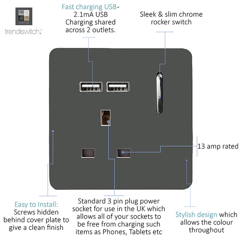 Load image into Gallery viewer, Trendi Switch ART-SKT13USBCH, Artistic Modern 1 Gang 13Amp Switched Socket WIth 2 x USB Ports Charcoal Finish, BRITISH MADE, (35mm Back Box Required), 5yrs Warranty - 53817
