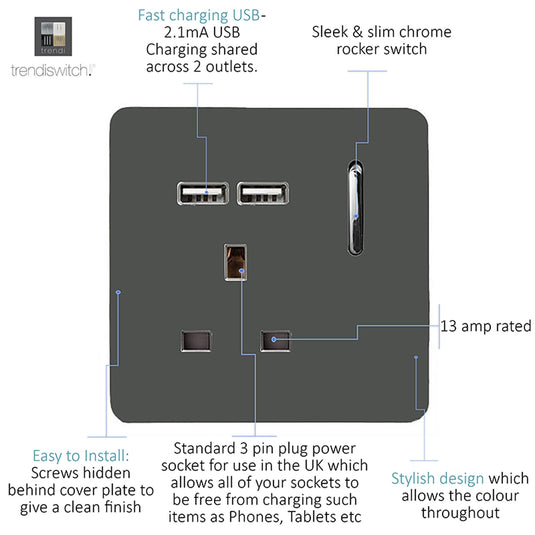 Trendi Switch ART-SKT13USBCH, Artistic Modern 1 Gang 13Amp Switched Socket WIth 2 x USB Ports Charcoal Finish, BRITISH MADE, (35mm Back Box Required), 5yrs Warranty - 53817