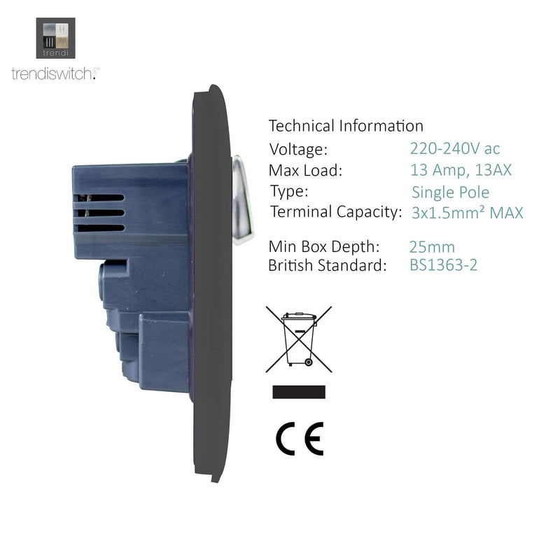 Load image into Gallery viewer, Trendi Switch ART-SKT13USBCH, Artistic Modern 1 Gang 13Amp Switched Socket WIth 2 x USB Ports Charcoal Finish, BRITISH MADE, (35mm Back Box Required), 5yrs Warranty - 53817
