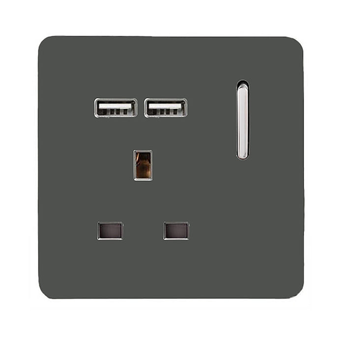 Trendi Switch ART-SKT13USBCH, Artistic Modern 1 Gang 13Amp Switched Socket WIth 2 x USB Ports Charcoal Finish, BRITISH MADE, (35mm Back Box Required), 5yrs Warranty - 53817