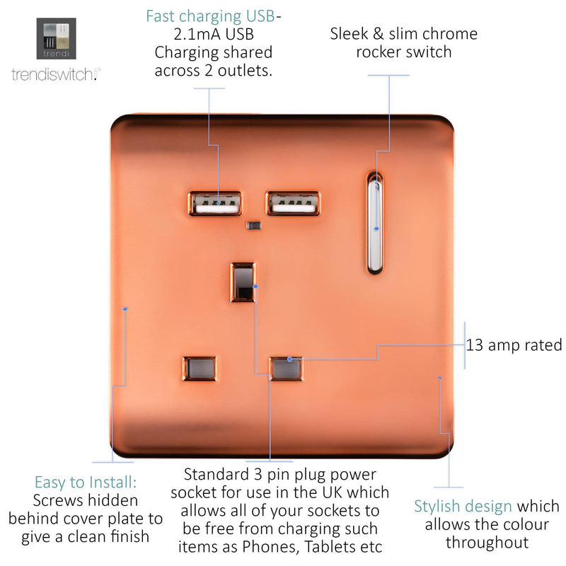 Load image into Gallery viewer, Trendi Switch ART-SKT13USBCPR, Artistic Modern 1 Gang 13Amp Switched Socket WIth 2 x USB Ports Copper Finish, BRITISH MADE, (35mm Back Box Required), 5yrs Warranty - 53818
