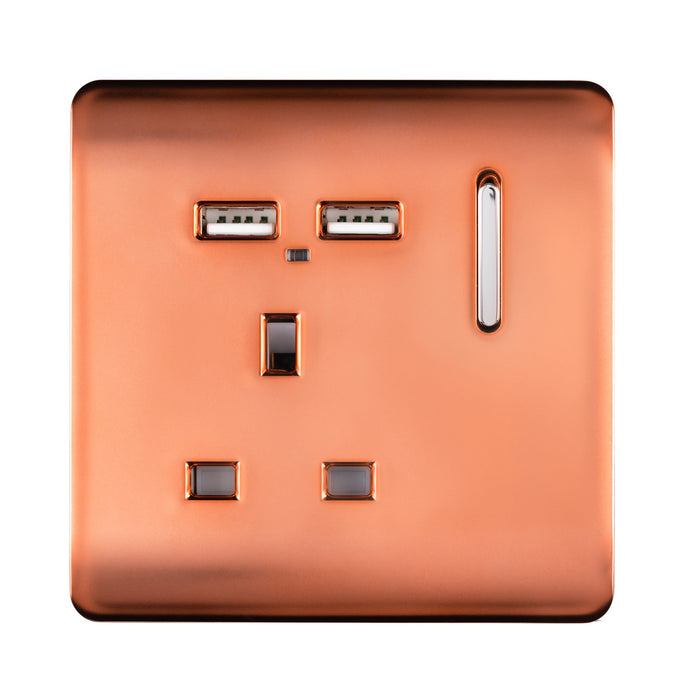 Trendi Switch ART-SKT13USBCPR, Artistic Modern 1 Gang 13Amp Switched Socket WIth 2 x USB Ports Copper Finish, BRITISH MADE, (35mm Back Box Required), 5yrs Warranty - 53818