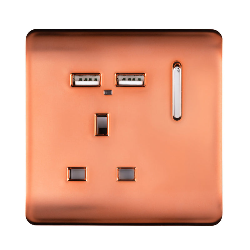 Load image into Gallery viewer, Trendi Switch ART-SKT13USBCPR, Artistic Modern 1 Gang 13Amp Switched Socket WIth 2 x USB Ports Copper Finish, BRITISH MADE, (35mm Back Box Required), 5yrs Warranty - 53818
