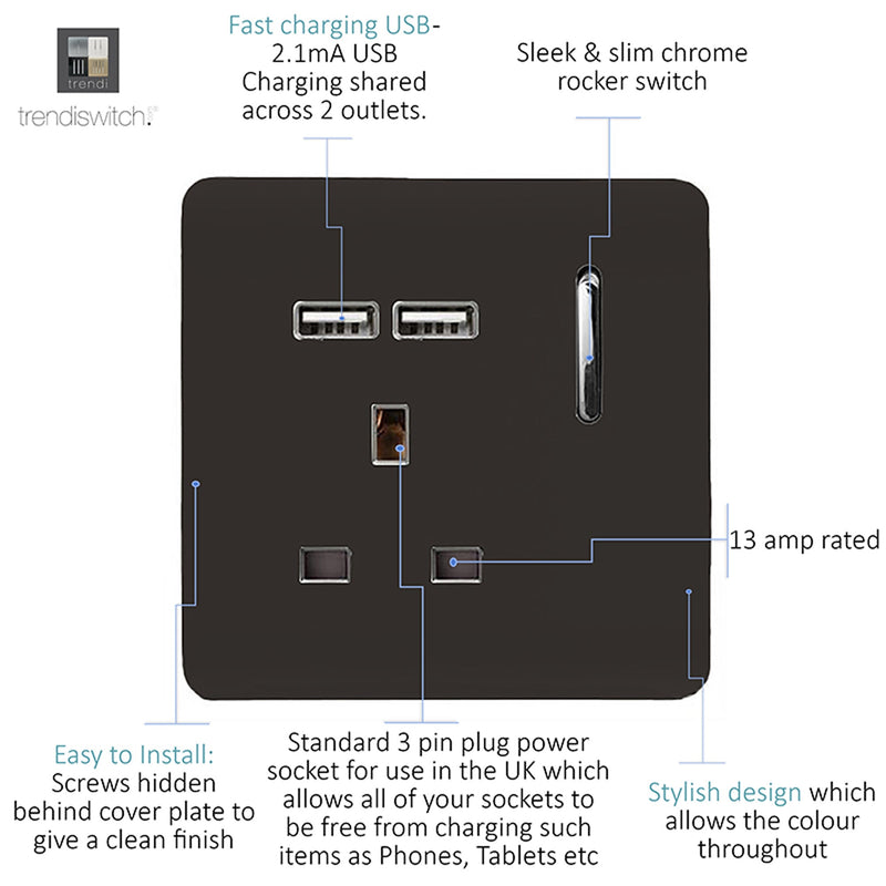 Load image into Gallery viewer, Trendi Switch ART-SKT13USBDB, Artistic Modern 1 Gang 13Amp Switched Socket WIth 2 x USB Ports Dark Brown Finish, BRITISH MADE, (35mm Back Box Required), 5yrs Warranty - 53819
