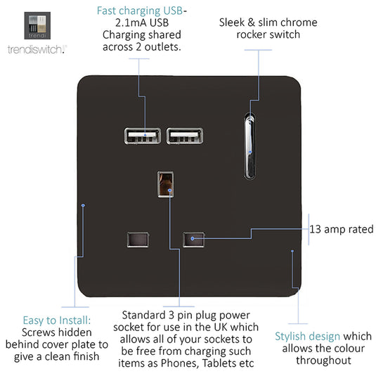 Trendi Switch ART-SKT13USBDB, Artistic Modern 1 Gang 13Amp Switched Socket WIth 2 x USB Ports Dark Brown Finish, BRITISH MADE, (35mm Back Box Required), 5yrs Warranty - 53819