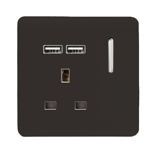 Trendi Switch ART-SKT13USBDB, Artistic Modern 1 Gang 13Amp Switched Socket WIth 2 x USB Ports Dark Brown Finish, BRITISH MADE, (35mm Back Box Required), 5yrs Warranty - 53819