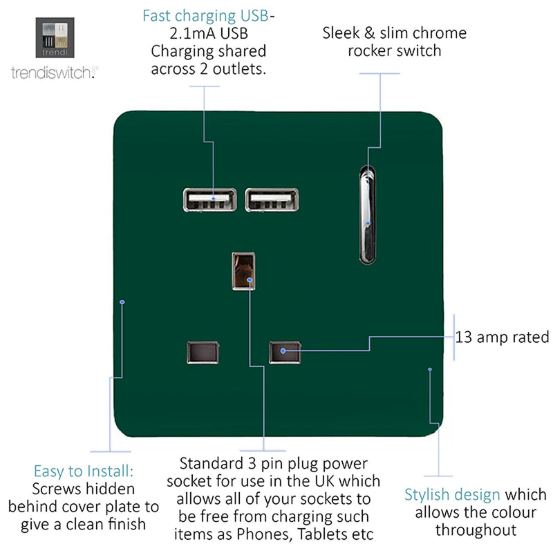 Load image into Gallery viewer, Trendi Switch ART-SKT13USBDG, Artistic Modern 1 Gang 13Amp Switched Socket WIth 2 x USB Ports Dark Green Finish, BRITISH MADE, (35mm Back Box Required), 5yrs Warranty - 53820
