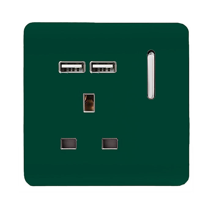 Trendi Switch ART-SKT13USBDG, Artistic Modern 1 Gang 13Amp Switched Socket WIth 2 x USB Ports Dark Green Finish, BRITISH MADE, (35mm Back Box Required), 5yrs Warranty - 53820